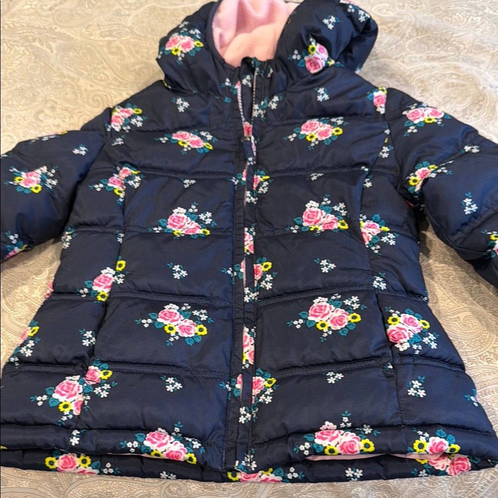 Faded Glory Navy Floral Puff Jacket with Pink Lining